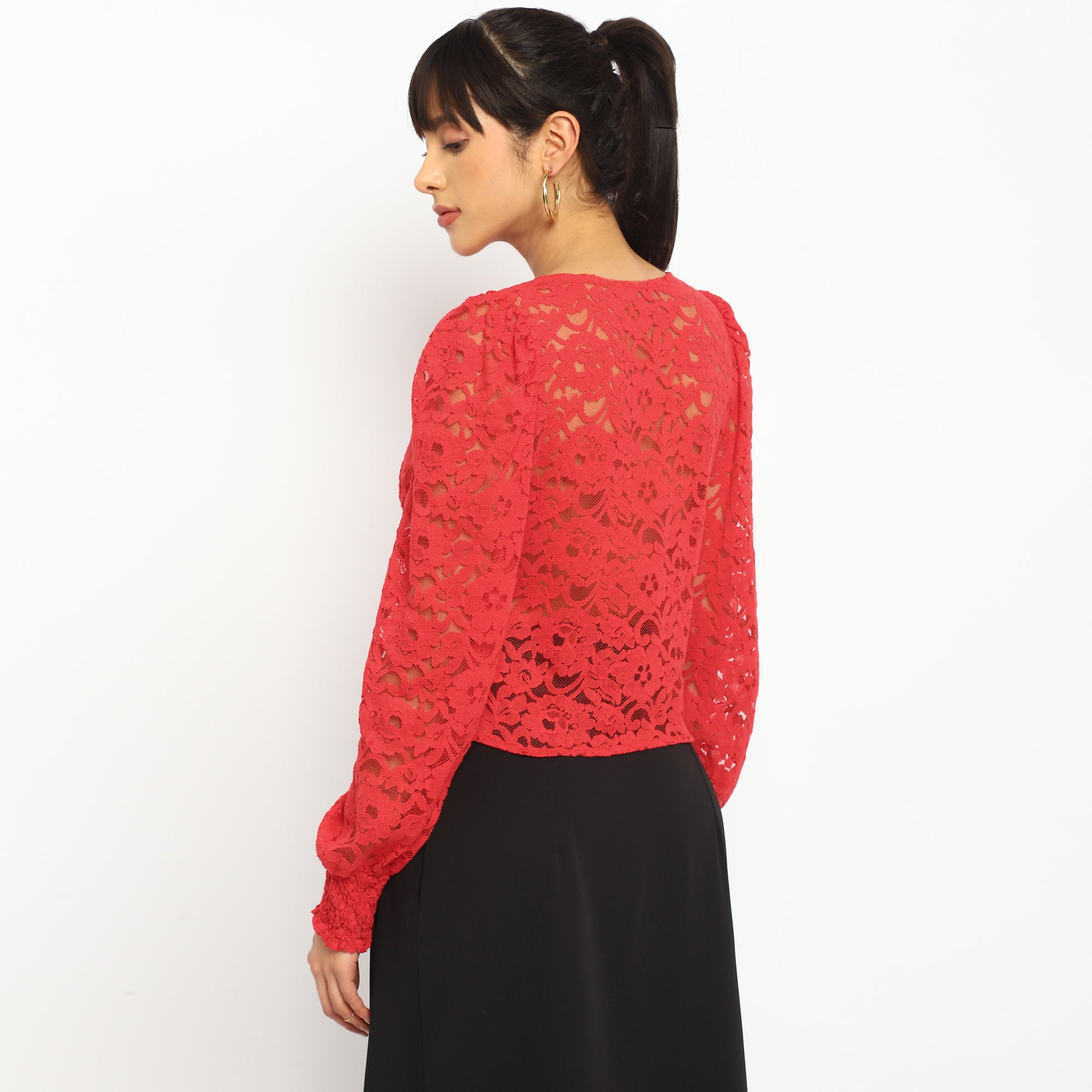 Red Lace Button-Down Blouse